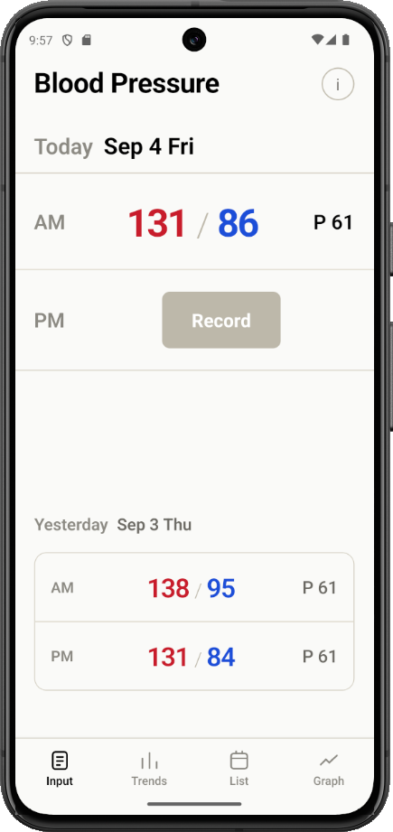 BPLog app info screen: completely free, privacy-first, built by a senior engineer for himself