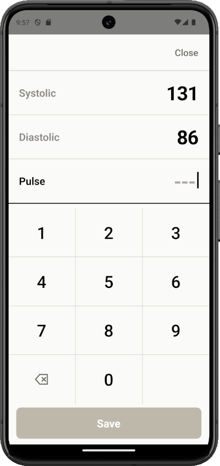 BPLog big keys, big numbers input screen. No reading glasses needed